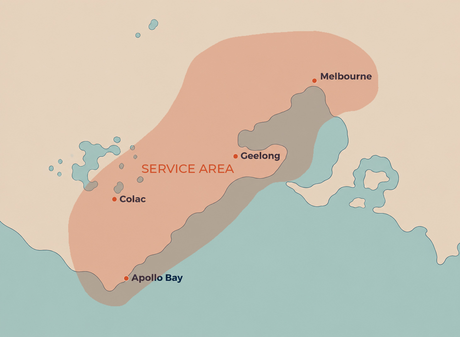 Map showing service coverage from Melbourne through Geelong, Colac and Apollo Bay